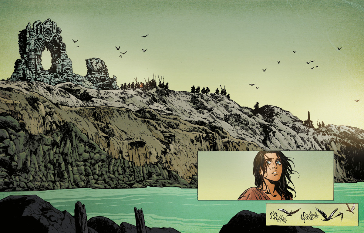 The rocky shore of an English landscape with the ruins of a church visible and an angry horde barely visible.  In an inset panel, a woman watches anxiously.  From SOMNA #3 (2024, DSTLRY)