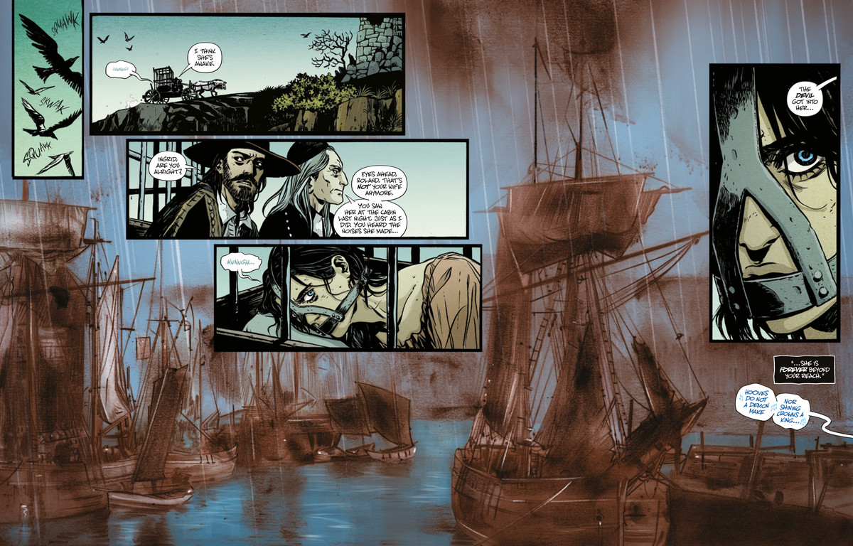 A smoky painting of boats arriving at a harbour, while inset panels show a caged and gagged woman being driven in a cart by a priest and witch hunter.  From SOMNA #3 (2024, DSTLRY)