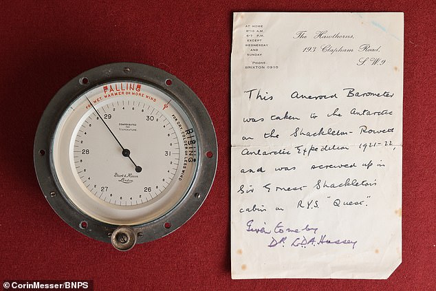 The barometer is accompanied by a letter stating: 'This aneroid barometer was taken to Antarctica during the Shackleton-Rowett Antarctic Expedition 1921-1922 and was destroyed in Sir Ernest Shackleton's cabin on RYS Quest, given to me by Dr.  LDA Hussey'