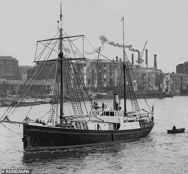 The ship Quest used on the Ernest Shackleton expedition to Antarctica arriving from Southampton at St Katharine's Dock, prior to the voyage, 1921