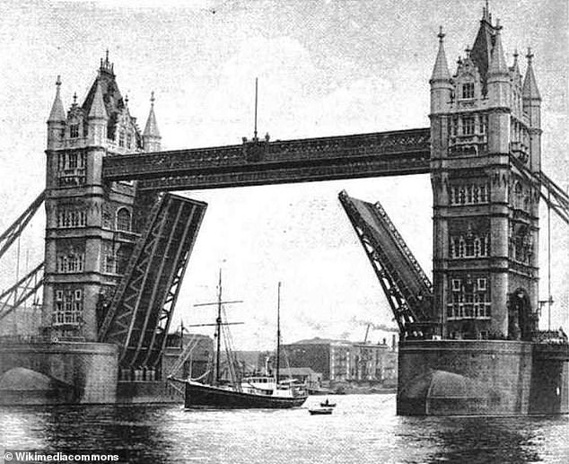 Quest passes Tower Bridge, London.  Shackleton died aboard the ship when it reached the sub-Antarctic island of South Georgia