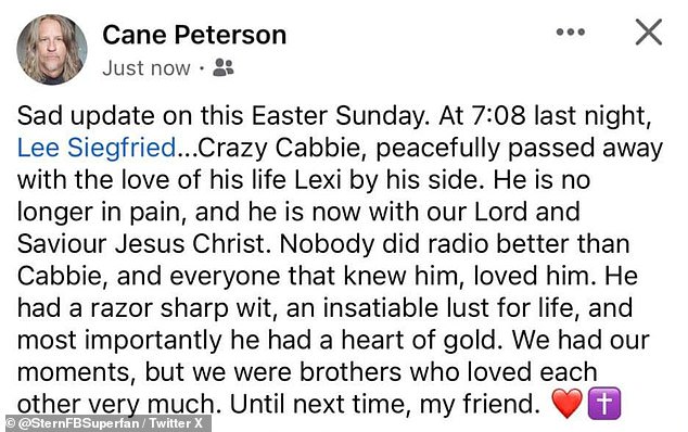 On Sunday, Cabbie's former broadcast partner Cane Peterson took to Facebook with a subsequent update that Cabbie 