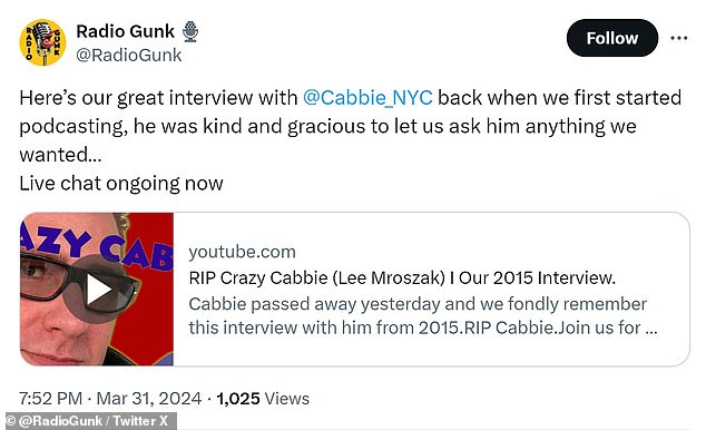 Stern-centric podcast Radio Gunk shared his 2015 interview with Cabbie, adding, 