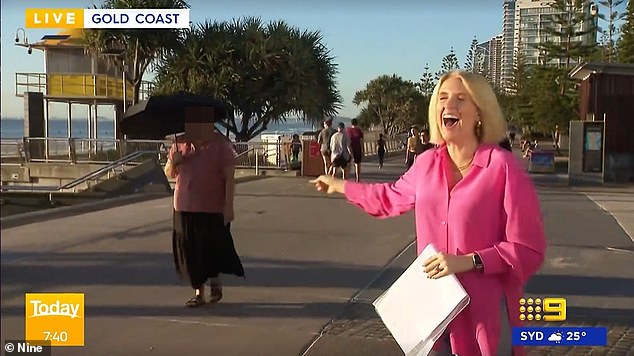 Reporter Mia Glover pointed and laughed at a passerby because of her attire during her morning livecross with the Sydney studio