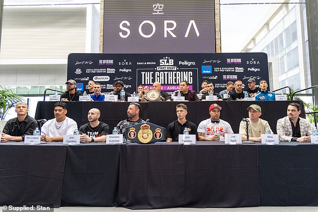 Boxers and AFL stars will throw punches on The Gathering Fight Night card in Adelaide this Wednesday night (pictured, fighters at a Gathering press conference on Monday)