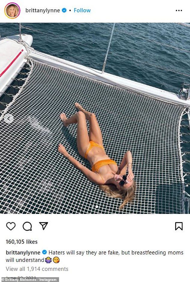 In June 2021, she shared photos of her in an orange bikini on a yacht and wrote: 'Haters will say they're fake but breastfeeding mums will understand'