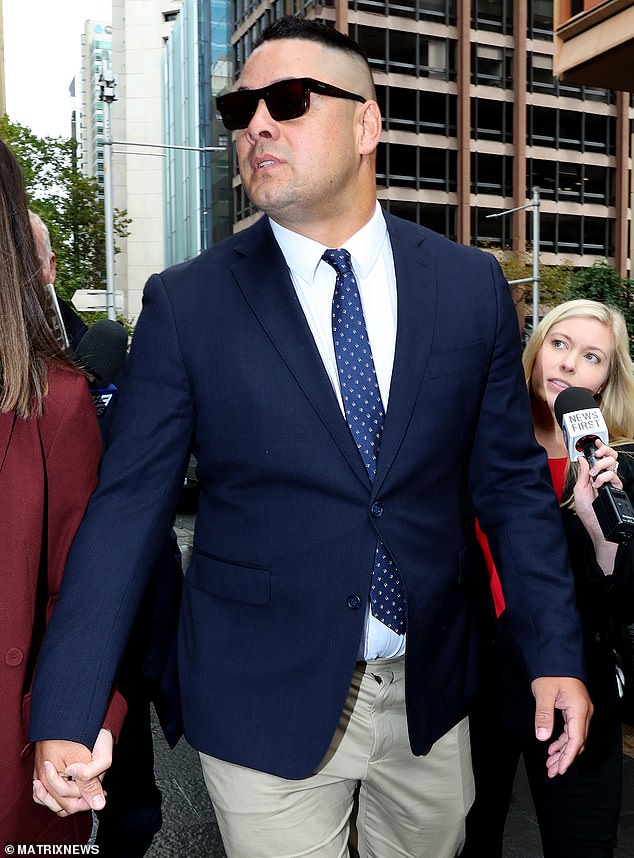 Hayne (pictured outside court) has been behind bars since April last year after a jury found he sexually assaulted the woman with his hands and mouth in 2018.