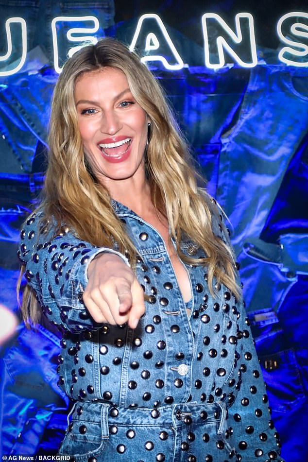 For the occasion, the 43-year-old supermodel went shirtless under a studded denim jacket, tucked into matching jeans