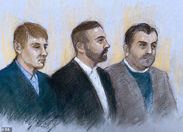 Michael Jones (pictured, left), 38, Frederick Does (formerly Sines) (center), 35, and Bora Guccuk (right), 40, all pleaded not guilty to charges related to the toilet theft, which was carried out in September taken.  2019 while part of an art installation entitled 'America'