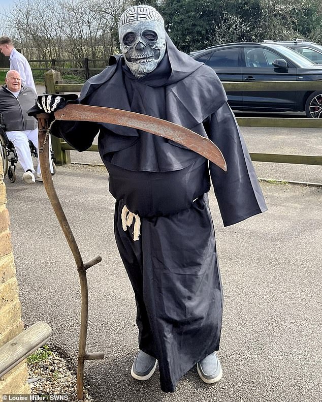Kenny Rossington, a family friend of Sharon Taffs, is pictured wearing a Grim Reaper costume at her funeral after promising to do so