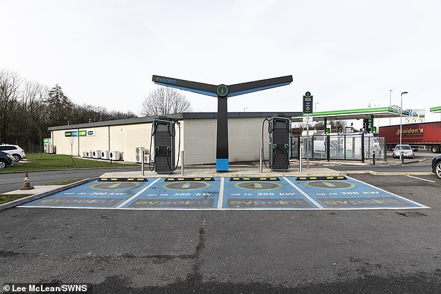 An empty electric vehicle charging station is pictured in Morley, Leeds, West Yorkshire