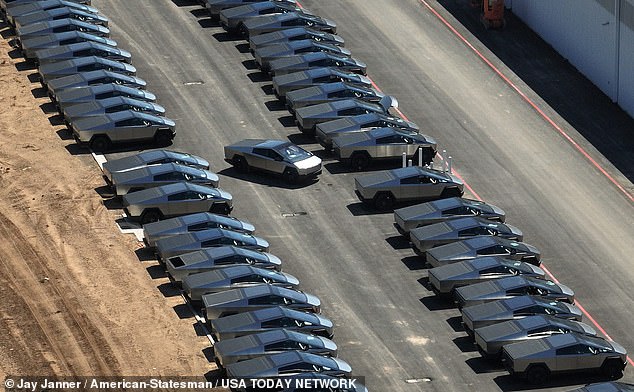 Controversial Tesla Cybertrucks are lined up at the company's 'Gigafactory' in Texas