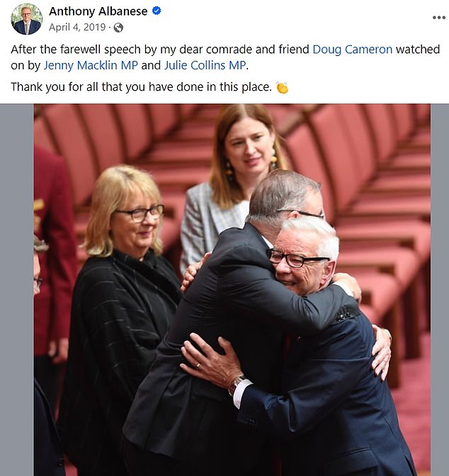 Albanese was photographed in April 2019 hugging Cameron as he delivered his final speech in the Senate