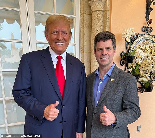 John McGuire claims he is the more Trump-centric candidate after Rep.  Good in the 2016 election said Donald Trump was his last choice for president and then endorsed his top rival, Florida Governor Ron DeSantis, in 2024.  Pictured: Virginia congressional candidate John McGuire with Donald Trump