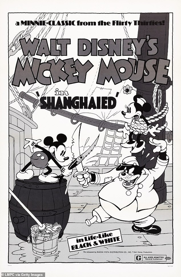 Poster for the 1934 Shanghaied film. From left: Mickey Mouse, Pegleg Pete and Minnie Mouse