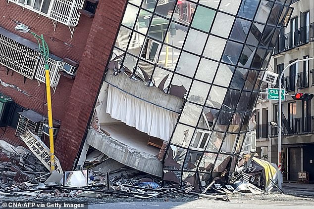 This photo taken by Taiwan's Central News Agency (CNA) on April 3, 2024 shows a damaged building in Hualien after a major earthquake struck eastern Taiwan