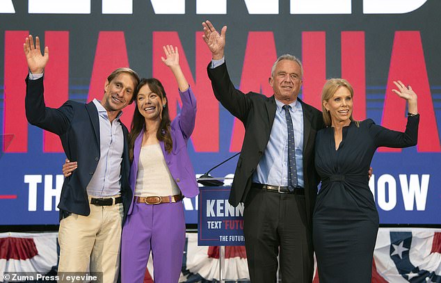 Nicole Shanahan (center left) and her current partner Jacob Strumwasser (left) at the announcement last week in her hometown of Oakland, California that she (center right) would be Robert F. Kennedy's running mate.  Kennedy poses with his actress wife Cheryl Hines (right)