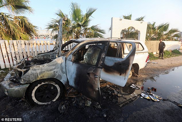 Ms Frankcom was one of seven World Central Kitchen volunteers killed in a series of Israeli airstrikes on Monday (photo: the wreckage of one of three cars)