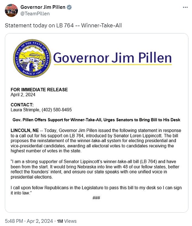 Republican Governor Pillen says he favors a move to a winner-take-all electoral system