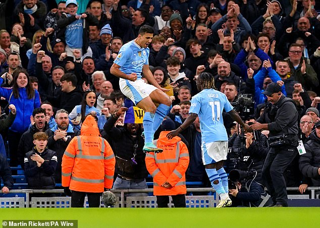 Man City midfielder Rodri took his tally to eight goals by opening the scoring against Villa