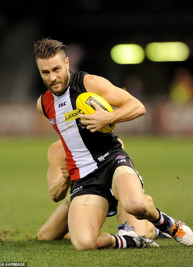 The 41-year-old (pictured playing for St Kilda in 2014) smuggled cocaine and a kilo of meth between Victoria and Western Australia