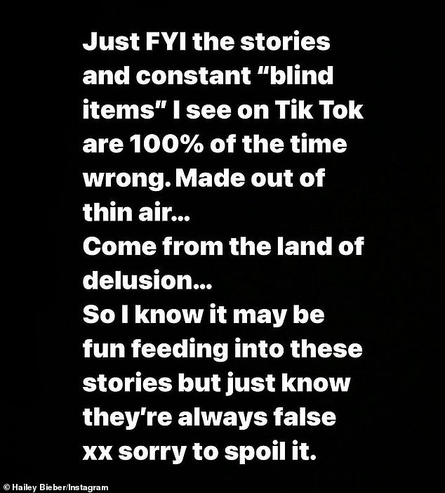 On March 5, Baldwin was so fed up with the “100% wrong” blind items about their wedding on TikTok that she Instagrammed, “I know it can be fun to process these stories, but just know they are always untrue.  Sorry to spoil it'