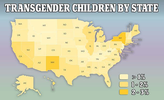 The above map shows the share of children aged 13 to 17 who identified as transgender by state, with darker colors indicating a higher share of young people