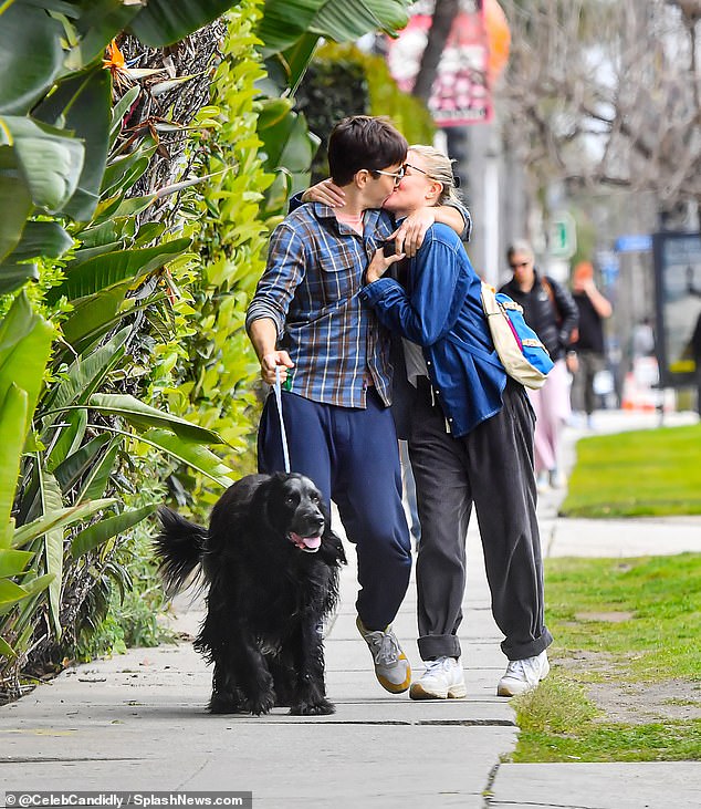 After enjoying smoothies at the Los Angeles-based supermarket chain, frequented by A-listers like Kaia Gerber, Jake Gyllenhaal and Miley Cyrus, the couple, who married last year, were seen kissing passionately on the sidewalk while walking their dog.