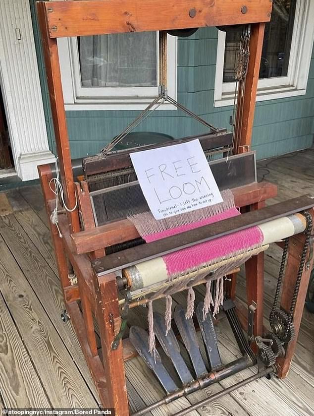 A fashionable find: another collectible was spotted in Brooklyn: a functional loom with a slightly broken caster wheel.  A loom is used to make fabric by weaving yarn or thread