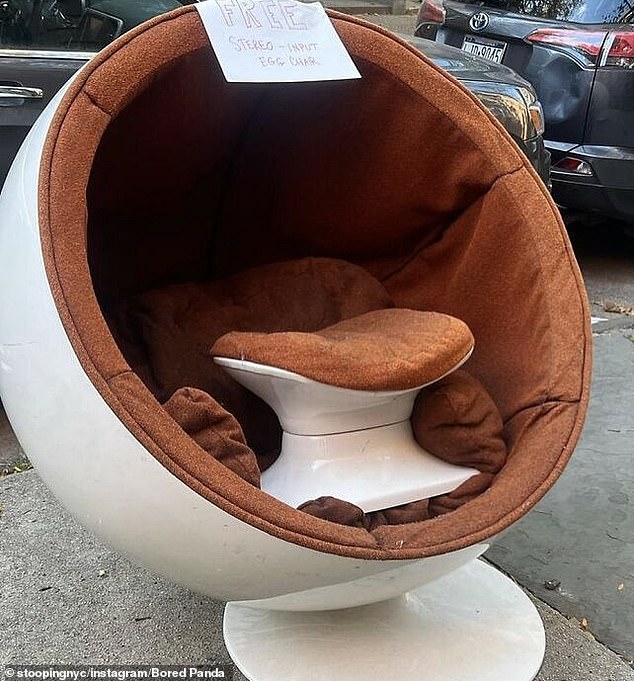 Music to my eyes!  This egg-shaped orange chair and matching footstool with built-in stereo are also up for grabs