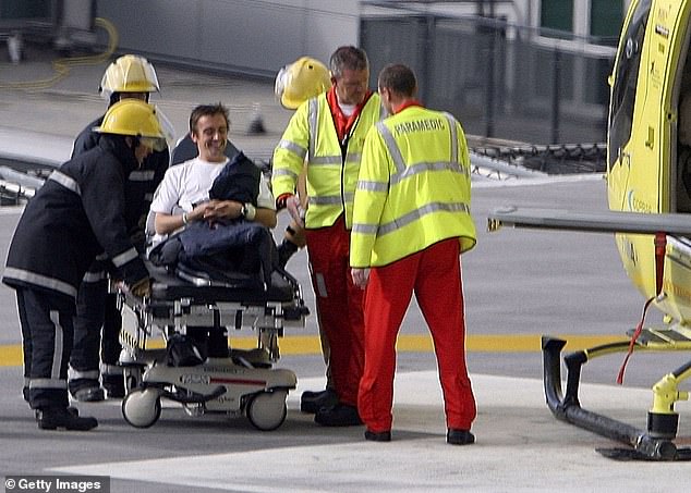 He suffered a 'frontal lobe haemorrhage', which caused memory loss, depression and problems with emotional experiences (pictured after being transferred by Yorkshire Air Ambulance)