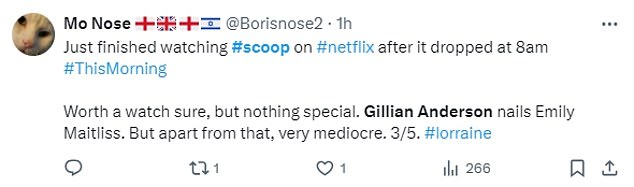 In a slightly less positive review, one user wrote: 'Just finished watching Scoop on Netflix.  Definitely worth a look, but nothing special'