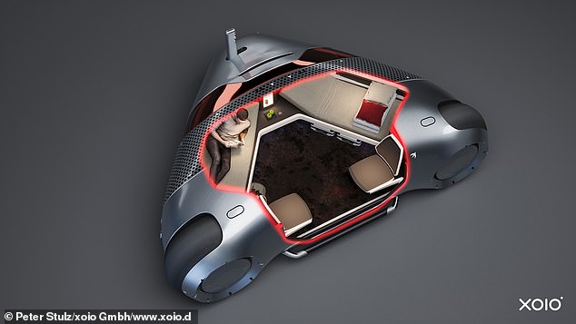 The vehicle has a futuristic triangular design.  