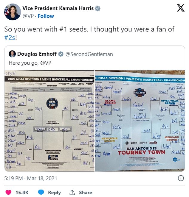 Despite her claim, Harris and her husband filled out the women's tournament brackets in 2021