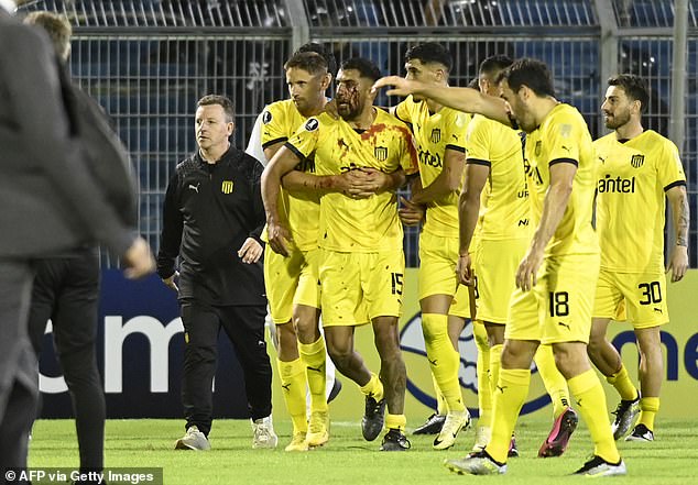 Penarol's players and staff had to stop the defender when he entered the stands