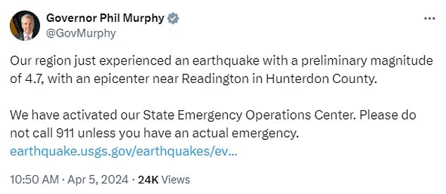 According to New Jersey Governor Phil Murphy, the epicenter of the earthquake was near Readington in Hunterdon County