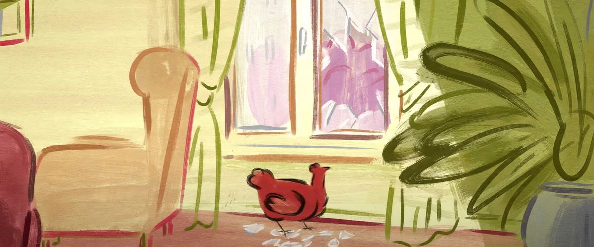 An animated chicken in the middle of an apartment, with a broken glass window just above it