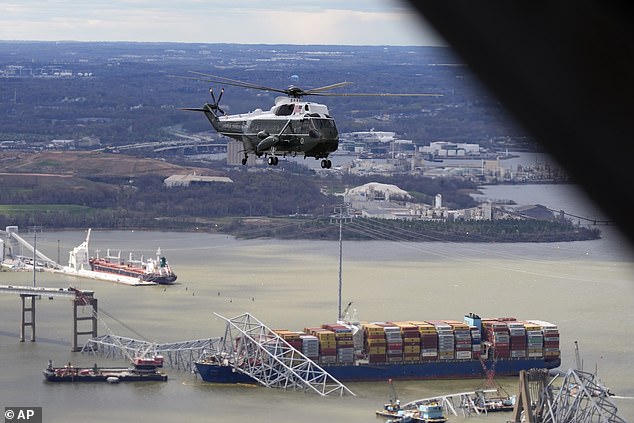 President Joe Biden takes an aerial tour of the collapsed Francis Scott Key Bridge in Baltimore aboard Marine One