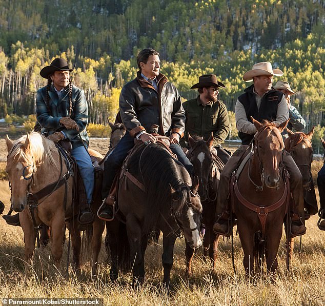 Mo Brings Plenty, far left, as Rainwater's driver, Gil Birmingham as Chief Thomas Rainwater, Hauser as Rip Wheeler, Kevin Costner as John Dutton on Yellowstone