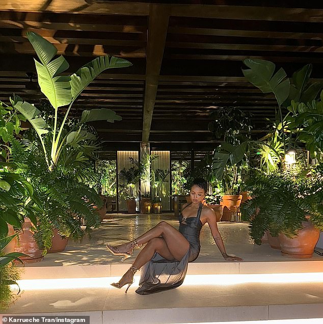 Tran then showed off her sculpted body in a flowing gray dress as she posed for a photo among numerous potted plants.