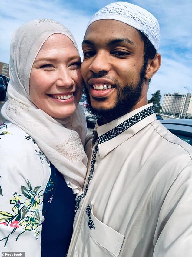 Clark (pictured with her new husband in a more recent photo) claimed a police supervisor 'made numerous hostile comments about Muslims' after she refused to remove the hijab