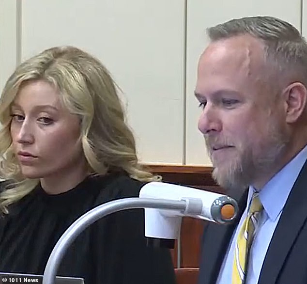 Former high school teacher in Lancaster, Nebraska, Lillie Bowman (left) with her attorney, Michael Wilson (right), during her sentencing hearing on March 29.  Wilson defended Bowman's character while speaking before the judge, saying 