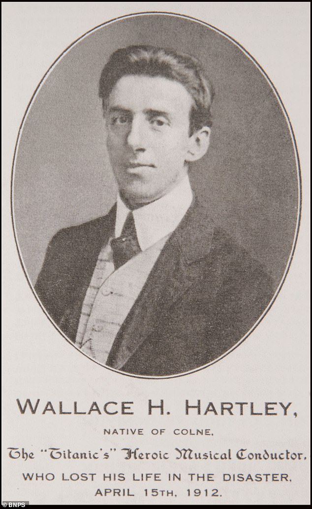 Wallace Hartley and his band famously played to reassure passengers as the 1912 disaster unfolded around them.  Pictured: A rare order of service for Wallace's funeral held at Colne Cemetery on 18 May 1912