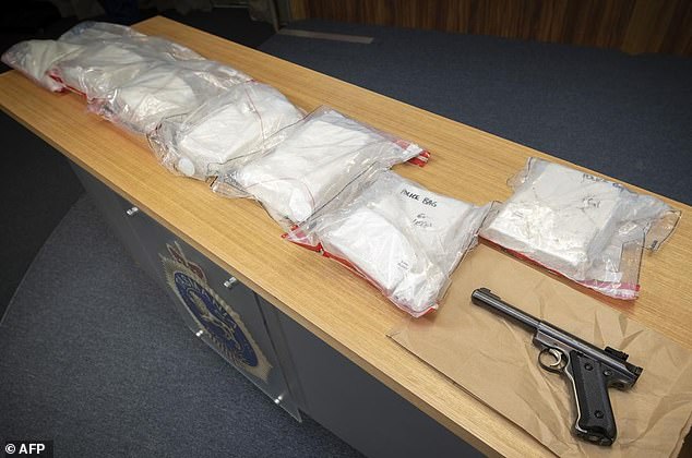 An evidence table shows packages of seized methamphetamine and a gun