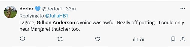 Taking to X – formerly known as Twitter fans wrote: 'Wow!  Heard a segment on the radio this morning and thought without vision that Gillian Anderson sounded exactly like Margaret Thatcher!'