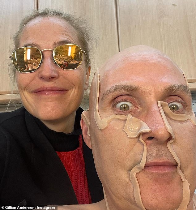 Gillian took to Instagram on Friday to celebrate the release of Netflix's Scoop with a slew of behind-the-scenes photos (pictured with co-star Rufus Sewell while covered in prosthetics to be transformed into Prince Andrew)