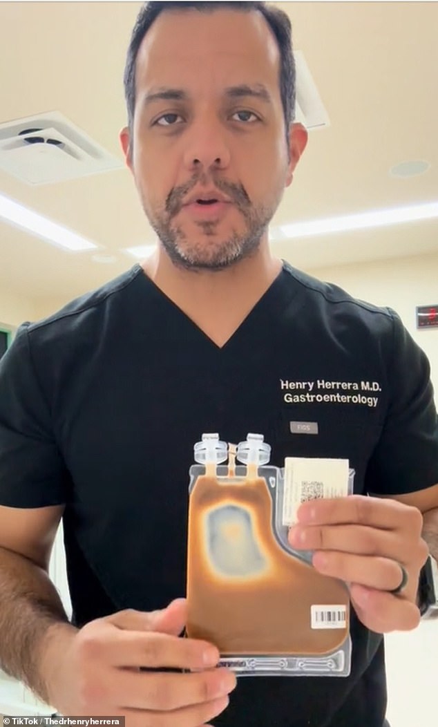 A doctor demonstrating what one of the FMT products looks like that they are allowed to use in the hospital