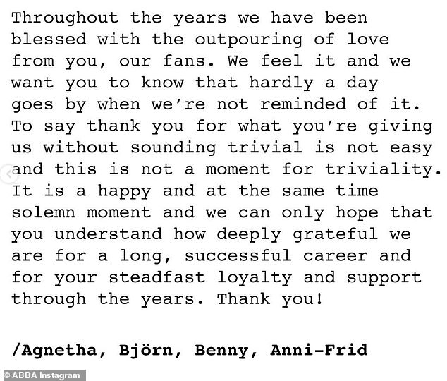 The lengthy statement thanked fans for their continued support, adding: “Many of you were there from the very beginning and have followed us ever since – for over half a century!