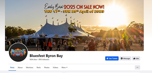 Bluesfest organizers were alerted to the scam and issued a statement to fans this week, urging caution.  The official Bluesfest page is pictured