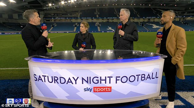 The Sky line-up at the Amex Stadium included ex-Arsenal players Theo Walcott (right), Alan Smith (second right) and Karen Carney (second left)